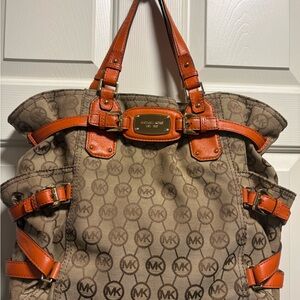 Michael Kors Brown MK Logo Tote with Orange Leather Trim